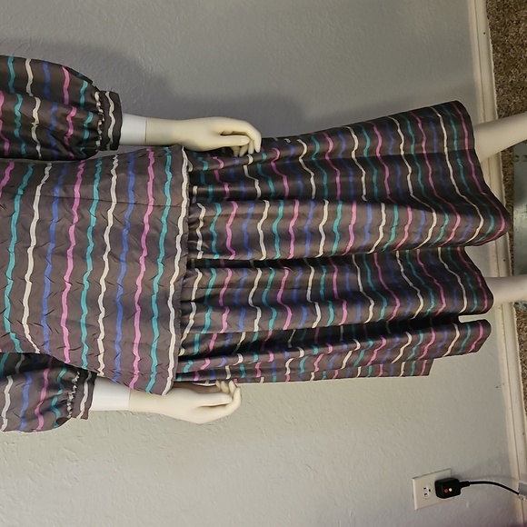 Vtg COLOURS 1980s Power Pastel Striped Drop Waist Skirt Bow Top Set - Picture 4 of 16